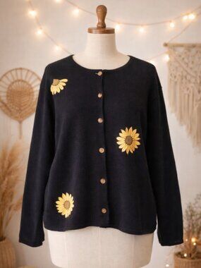 Orvis Sunflower Applique Knit Cardigan Sweater XL Cottagecore Upcycled Black